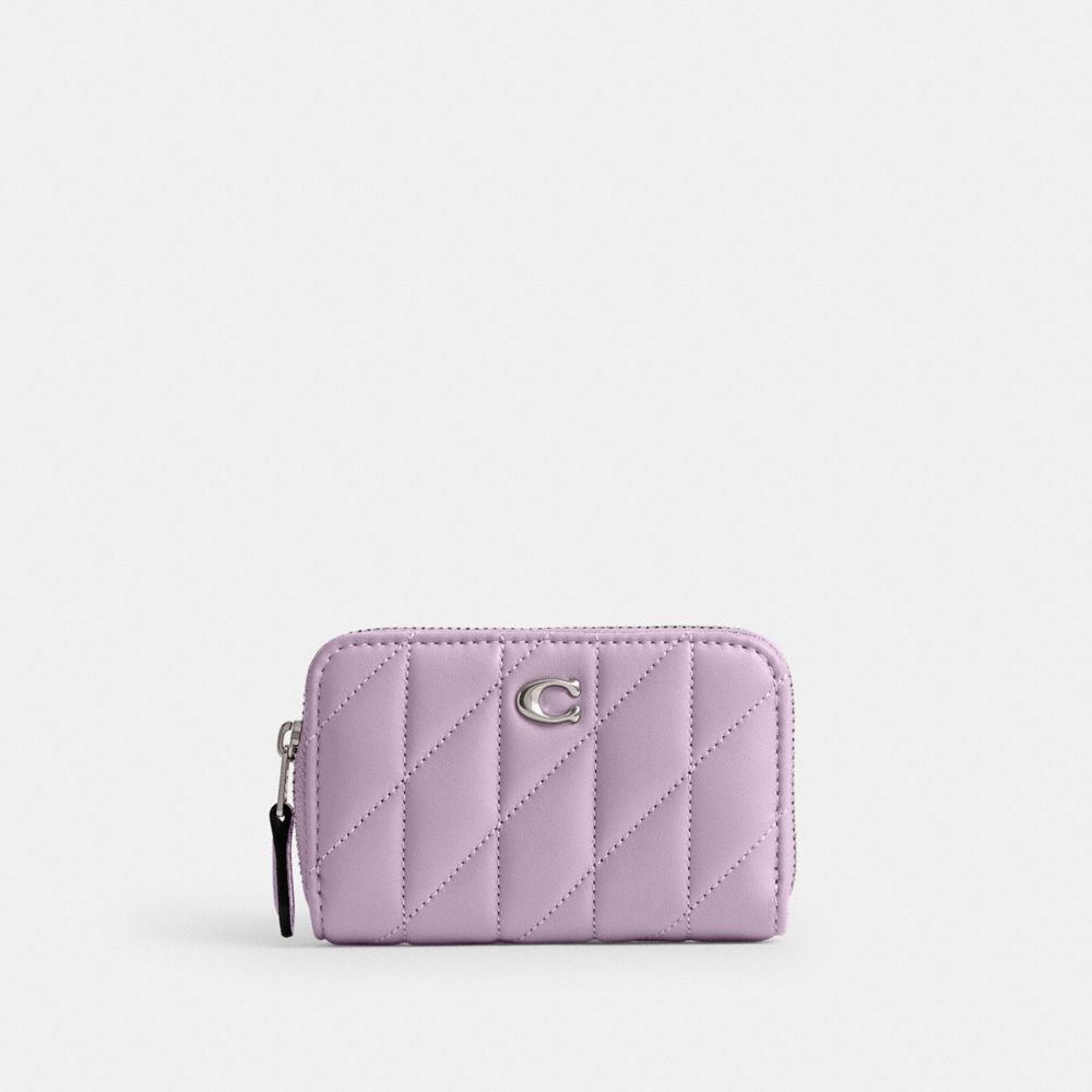 COACH®,SMALL ZIP AROUND CARD CASE WITH PILLOW QUILTING,Nappa leather,Mini,Silver/Soft Purple,Front View