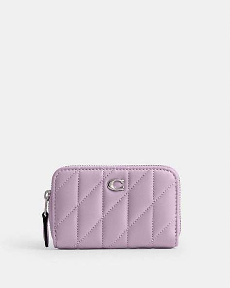 COACH®,SMALL ZIP AROUND CARD CASE WITH PILLOW QUILTING,Nappa leather,Mini,Silver/Soft Purple,Front View