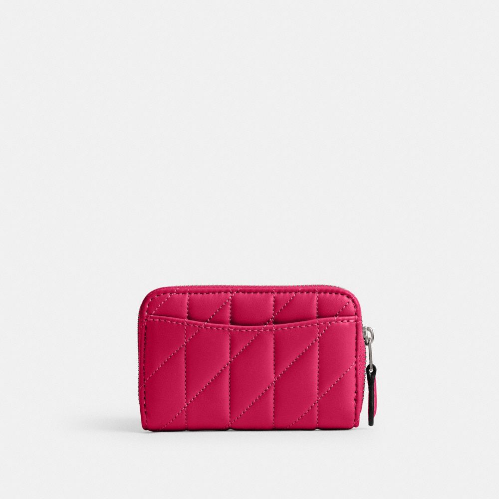 COACH®,Essential Small Zip Around Card Case With Pillow Quilting,Leather,Card Case,Metal,Logo,Gusset,Casual,Fuchsia,Back View
