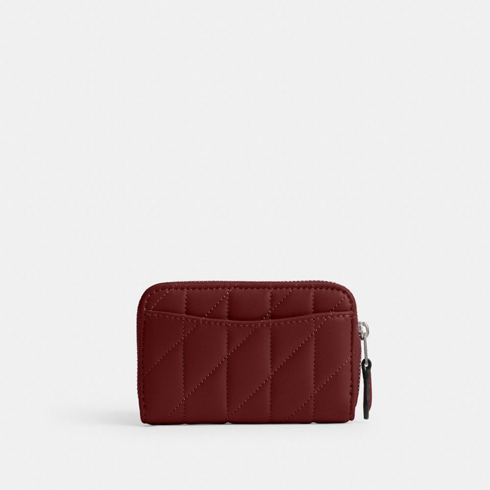COACH®,Essential Small Zip Around Card Case With Pillow Quilting,Leather,Card Case,Logo,Metal,Gusset,Casual,Maroon,Back View
