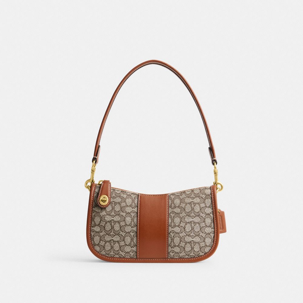 COACH®,SWINGER BAG 20 IN MICRO SIGNATURE JACQUARD,Signature Jacquard,Small,Brass/Cocoa Burnished Amb,Front View