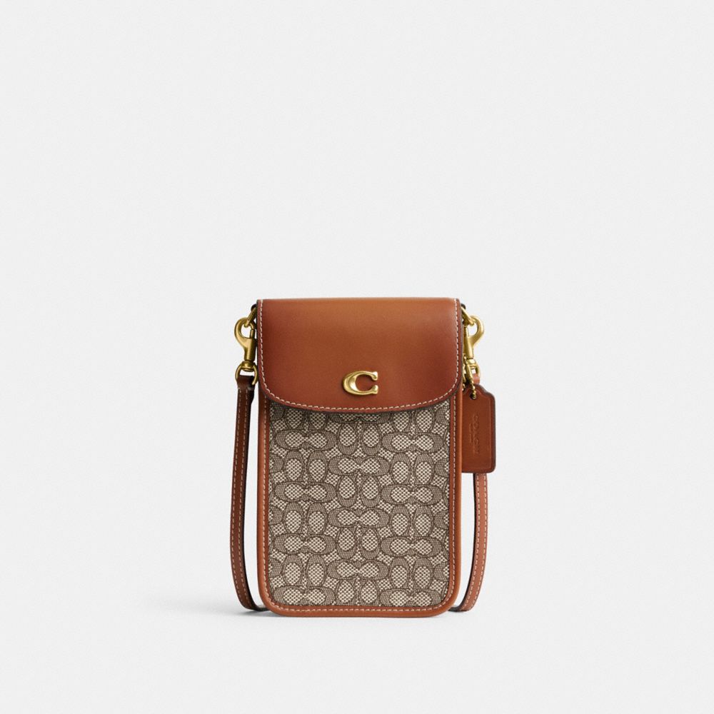 COACH®,PHONE CROSSBODY BAG IN MICRO SIGNATURE JACQUARD,Brass/Cocoa Burnished Amb,Front View