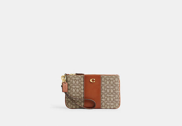 COACH®,SMALL WRISTLET IN MICRO SIGNATURE JACQUARD,Signature Jacquard,Brass/Cocoa Burnished Amb,Front View image number 0