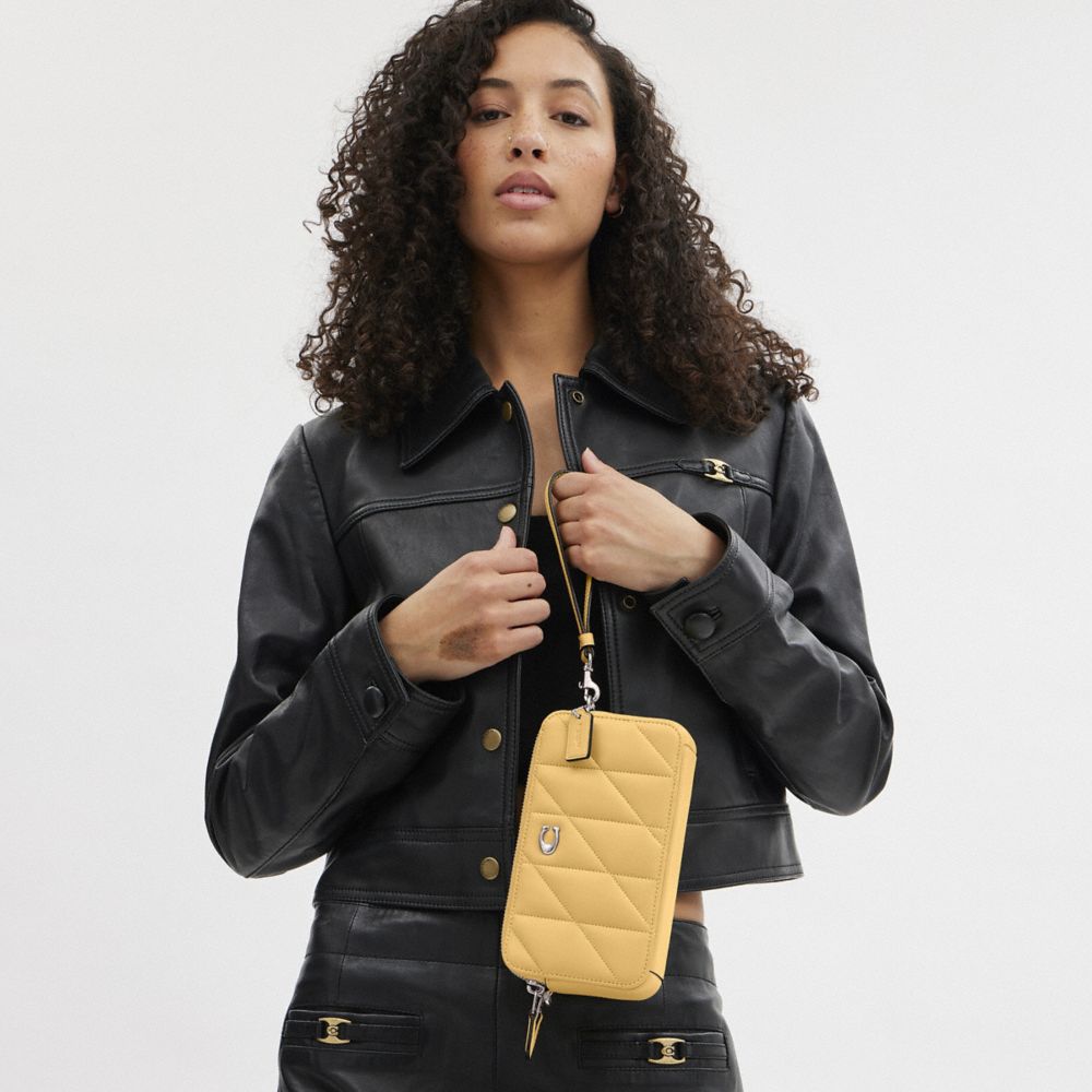 COACH®,Kira Crossbody Bag With Pillow Quilting,Leather,Crossbody,Wristlet,Metal,Logo,Day Party,Yellow,Detail View