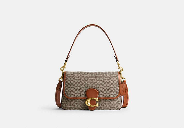 COACH®,SOFT TABBY SHOULDER BAG IN MICRO SIGNATURE JACQUARD,Signature Jacquard,Medium,Brass/Cocoa Burnished Amb,Front View