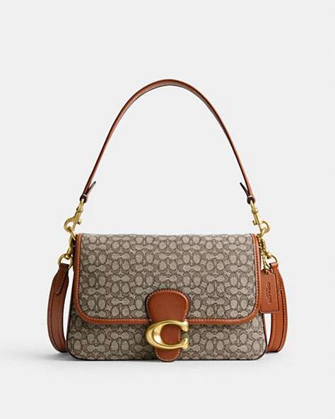 COACH®,SOFT TABBY SHOULDER BAG IN MICRO SIGNATURE JACQUARD,Signature Jacquard,Brass/Cocoa Burnished Amb,Front View