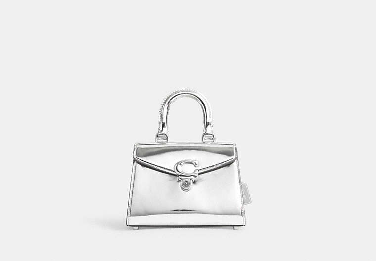 COACH®,SAMMY TOP HANDLE 21 IN SILVER METALLIC,Metallic Leather,Small,Silver/Silver,Front View