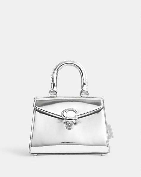 COACH®,SAMMY TOP HANDLE 21 IN SILVER METALLIC,Metallic Leather,Small,Silver/Silver,Front View