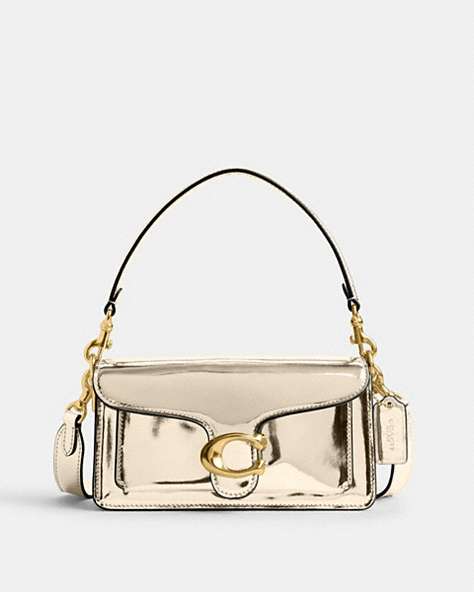 COACH®,TABBY SHOULDER BAG 20 IN METALLIC,Metallic Leather,Small,Shine,Brass/Gold,Front View