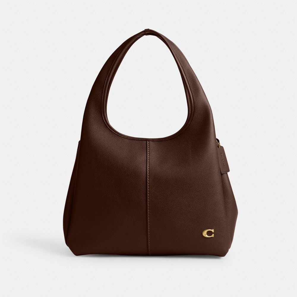 COACH®,Lana Shoulder Bag,Leather,Shoulder Bag,Logo,Metal,Embossed,Casual,Brown,Front View