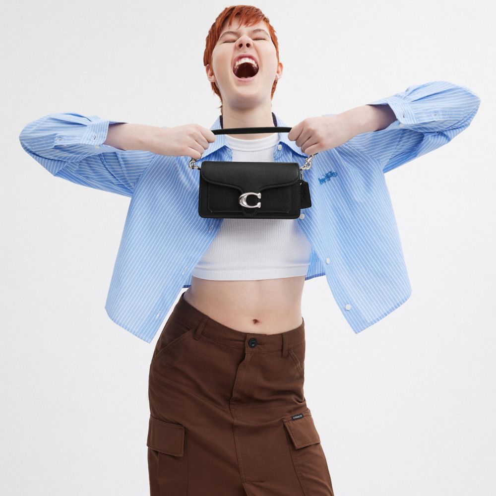 COACH®,Tabby Shoulder Bag 20,Leather,Crossbody,Shoulder Bag,Logo,Gusset,Gunmetal,Casual,Day Party,Black,Detail View