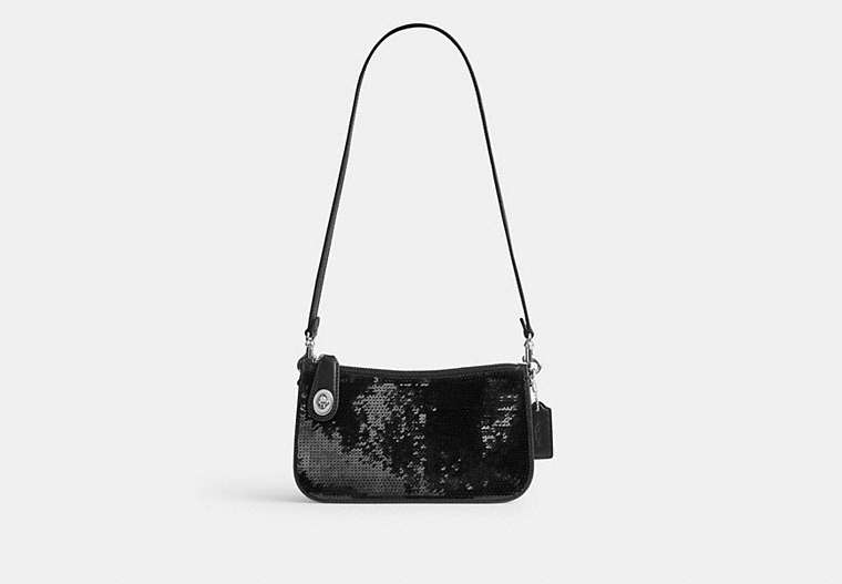COACH®,PENN SHOULDER BAG WITH SEQUINS,Calf Leather,Mini,Silver/Black,Front View