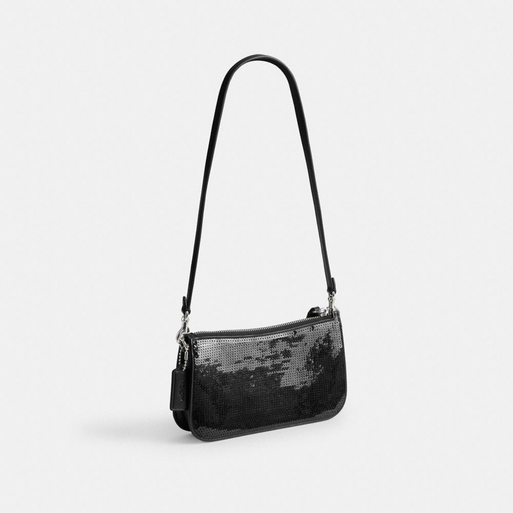COACH®,Penn Shoulder Bag With Sequins,Leather,Shoulder Bag,Logo,Embossed,Embellished,Sequin,Party,Metallic,Black,Angle View