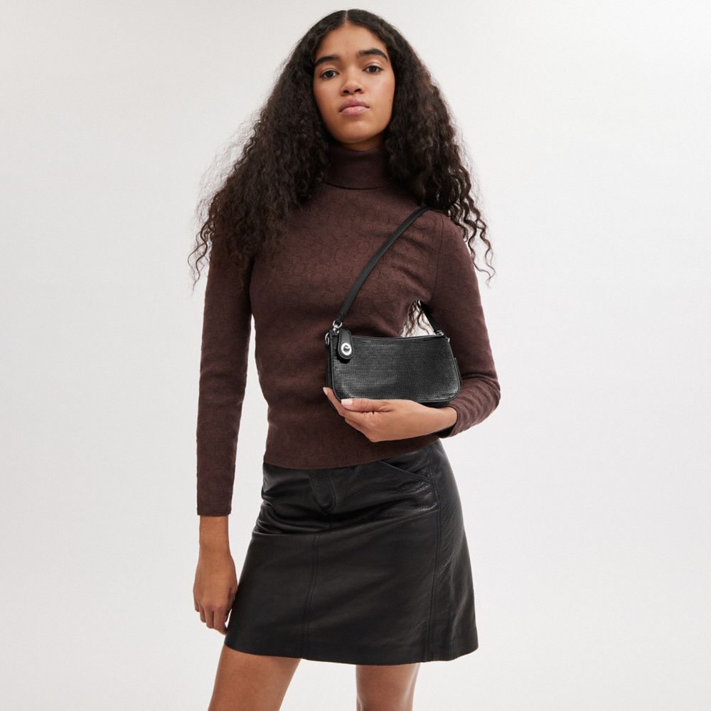 COACH®,Penn Shoulder Bag With Sequins,Leather,Shoulder Bag,Logo,Embossed,Embellished,Sequin,Party,Metallic,Black,Detail View