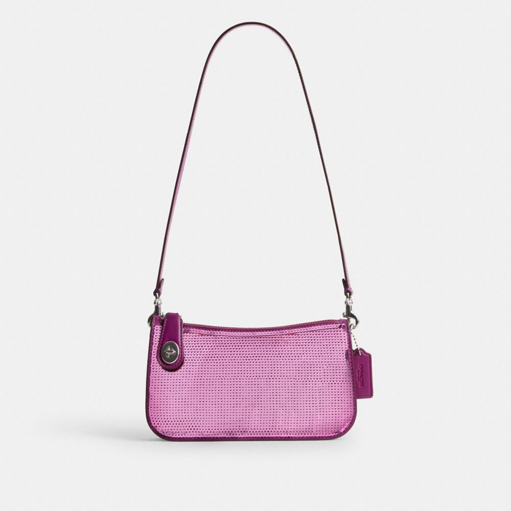 COACH®,PENN SHOULDER BAG WITH SEQUINS,Calf Leather,Mini,Silver/Dark Magenta,Front View