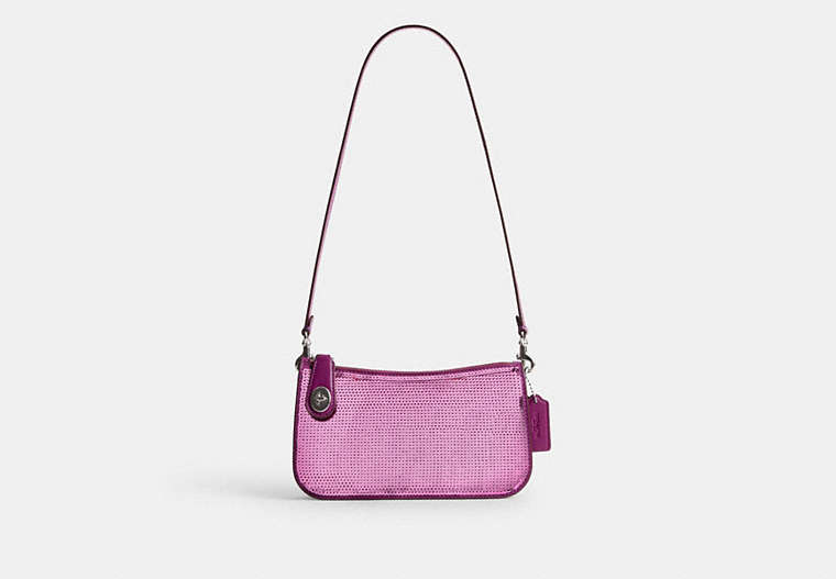 COACH®,PENN SHOULDER BAG WITH SEQUINS,Calf Leather,Silver/Dark Magenta,Front View image number 0