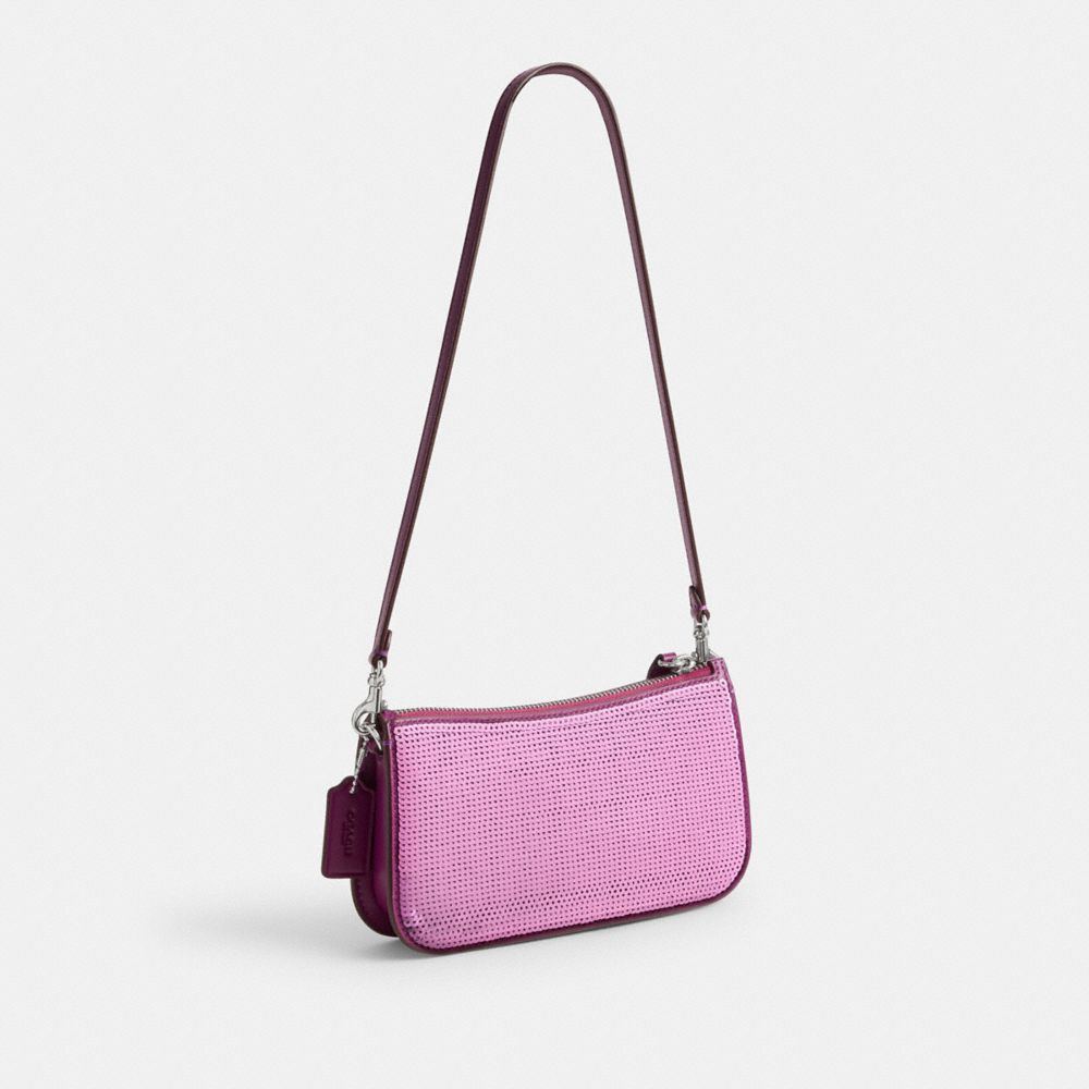 COACH®,PENN SHOULDER BAG WITH SEQUINS,Calf Leather,Mini,Silver/Dark Magenta,Angle View