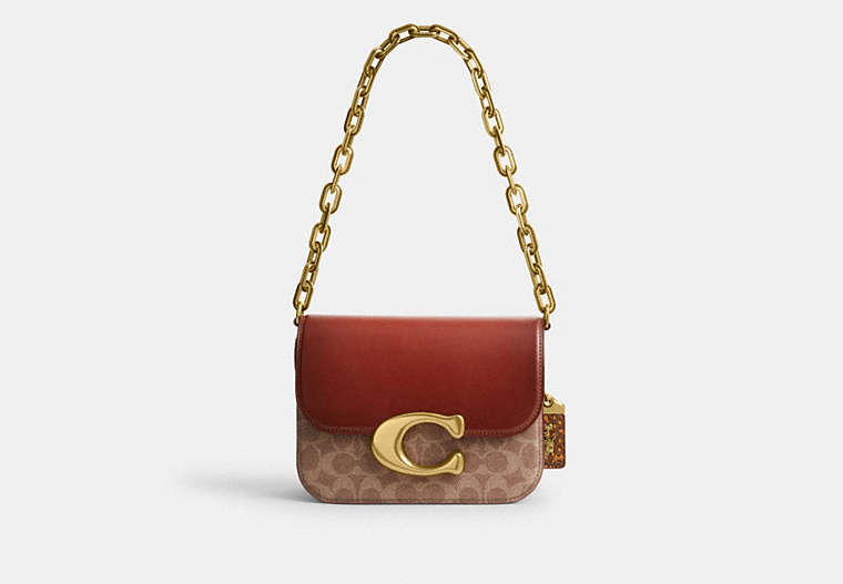COACH®,IDOL BAG IN SIGNATURE CANVAS WITH SNAKESKIN DETAIL,Medium,Brass/Tan/Rust,Front View