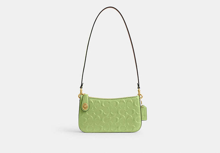 COACH®,PENN SHOULDER BAG IN SIGNATURE LEATHER,Patent Leather,Brass/Green,Front View