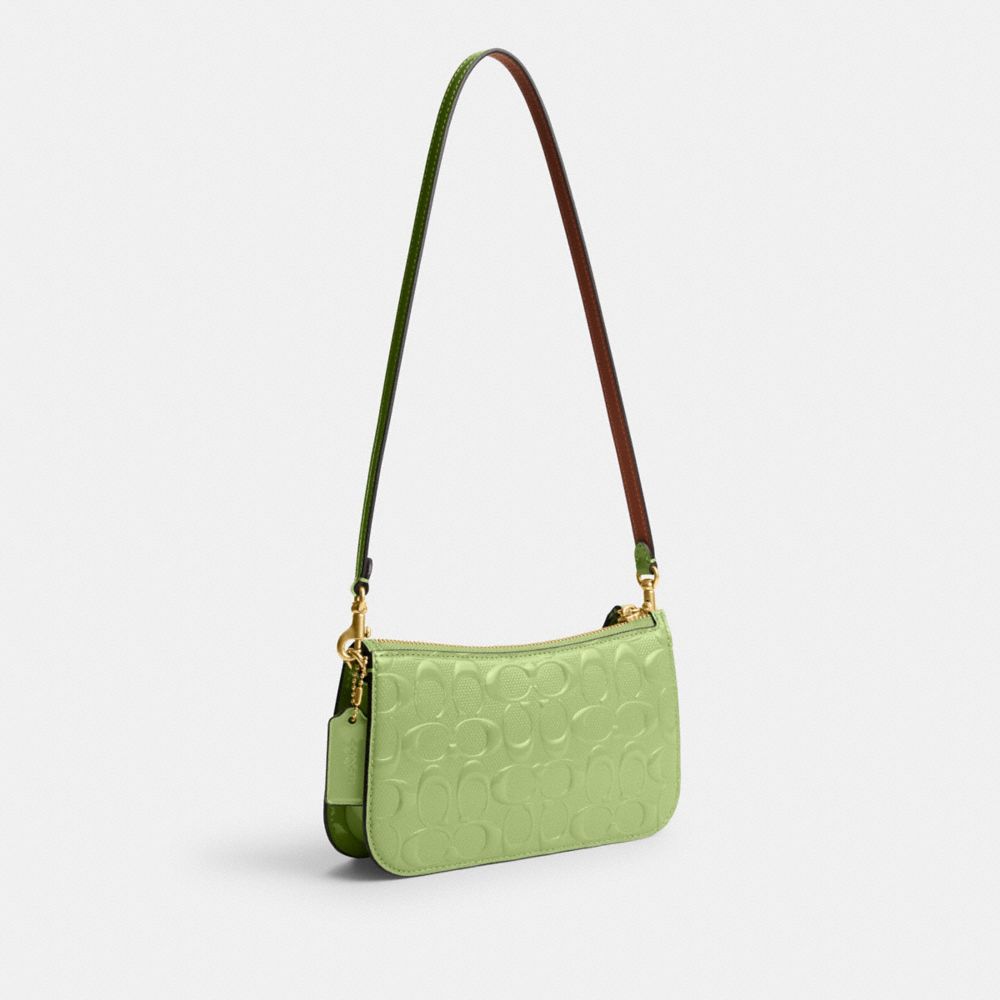 COACH®,PENN SHOULDER BAG IN SIGNATURE LEATHER,Patent Leather,Mini,Brass/Green,Angle View