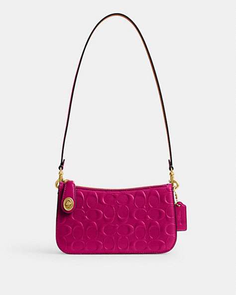 COACH®,PENN SHOULDER BAG IN SIGNATURE LEATHER,Patent Leather,Brass/Magenta,Front View