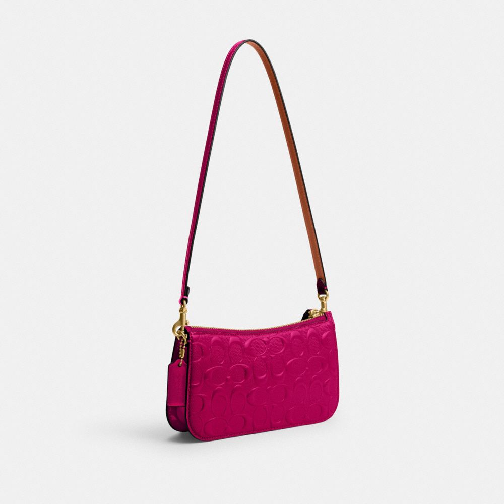 COACH®,PENN SHOULDER BAG IN SIGNATURE LEATHER,Patent Leather,Mini,Brass/Magenta,Angle View