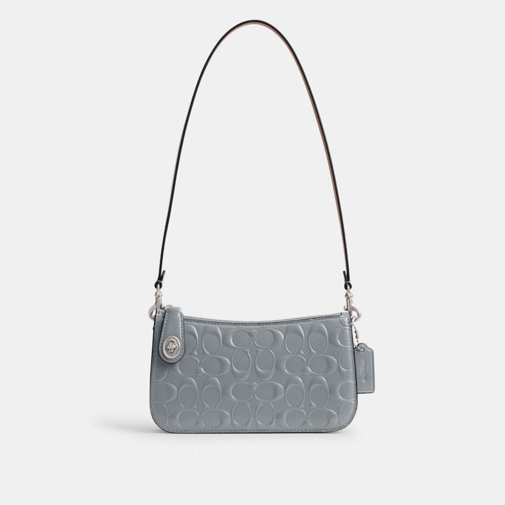 COACH®,PENN SHOULDER BAG IN SIGNATURE LEATHER,Patent Leather,Mini,Silver/Grey Blue,Front View