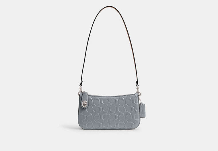 COACH®,PENN SHOULDER BAG IN SIGNATURE LEATHER,Patent Leather,Mini,Silver/Grey Blue,Front View