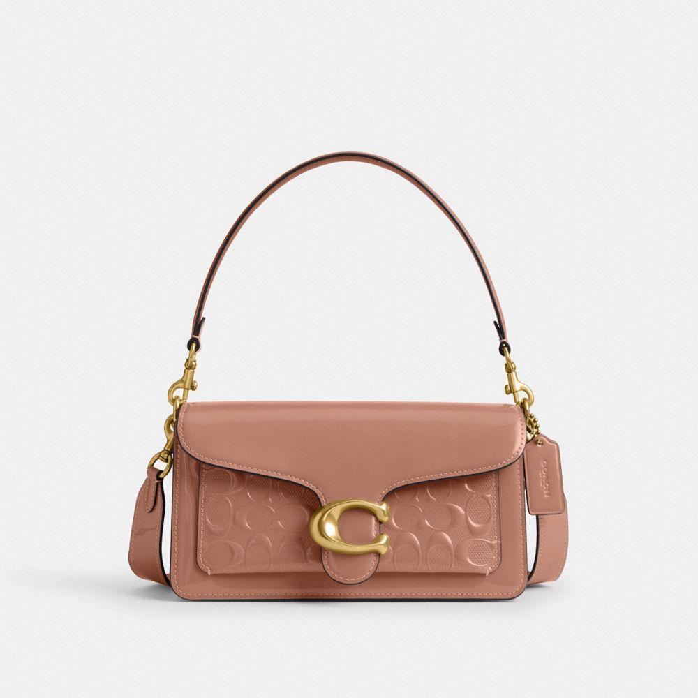 COACH®,TABBY SHOULDER BAG 26 IN SIGNATURE LEATHER,Patent Leather,Medium,Brass/Cappuccino,Front View