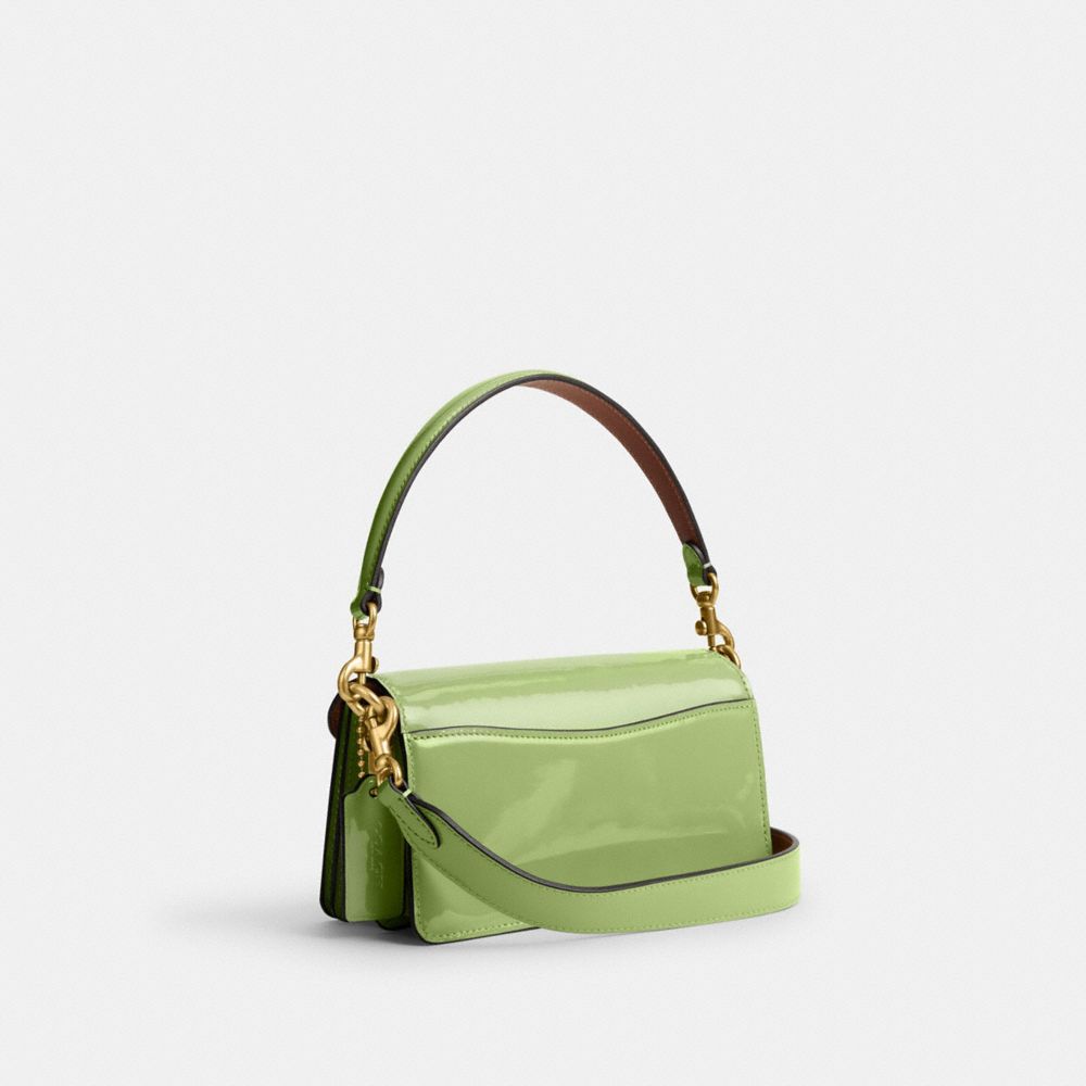 COACH®,TABBY SHOULDER BAG 20 IN SIGNATURE LEATHER,Patent Leather,Small,Brass/Green,Angle View