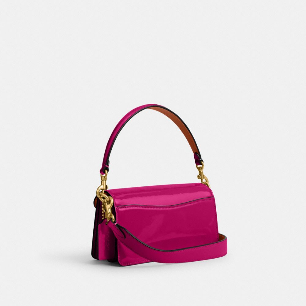 COACH®,TABBY SHOULDER BAG 20 IN SIGNATURE LEATHER,Patent Leather,Small,Brass/Magenta,Angle View