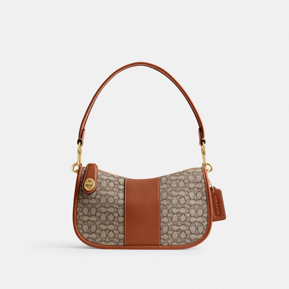 COACH®,SWINGER BAG IN MICRO SIGNATURE JACQUARD,Signature Jacquard,Medium,Brass/Cocoa Burnished Amb,Front View image number 0