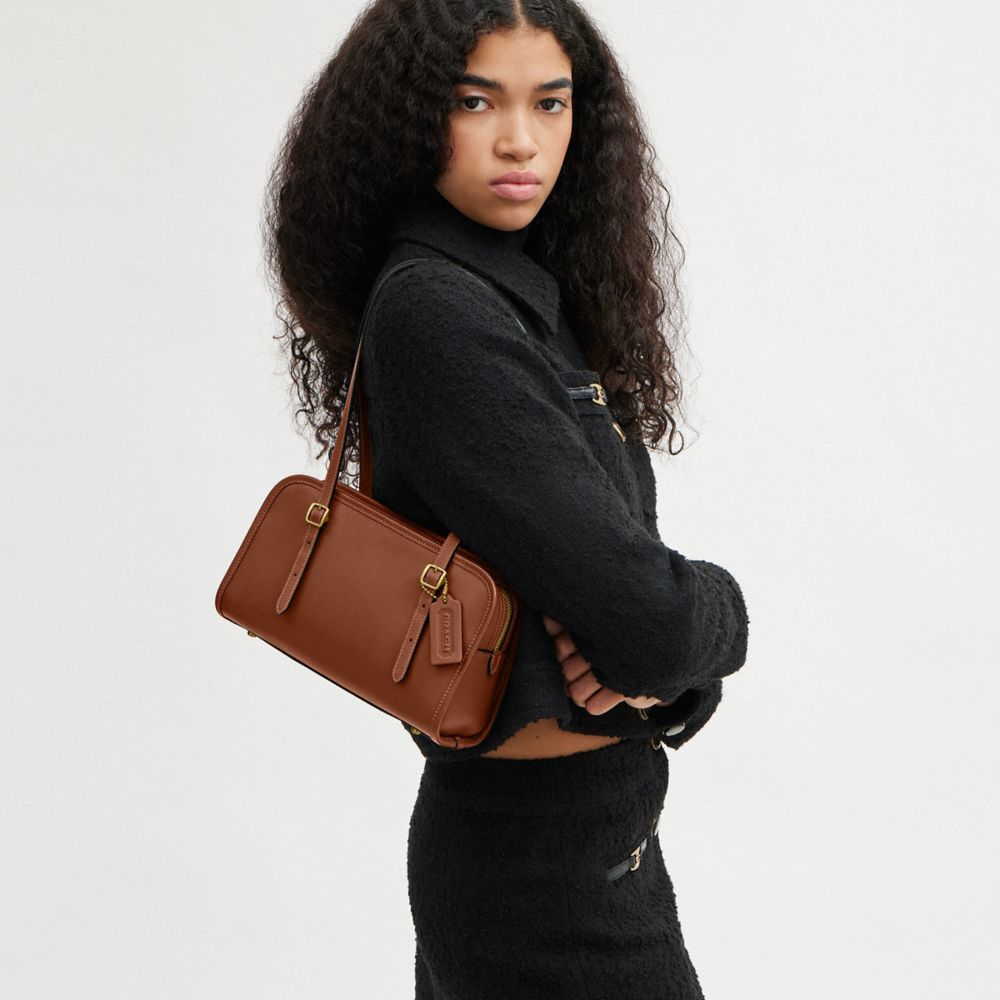 COACH®,Swing Zip Bag,Leather,Shoulder Bag,Logo,Work,Brown,Detail View
