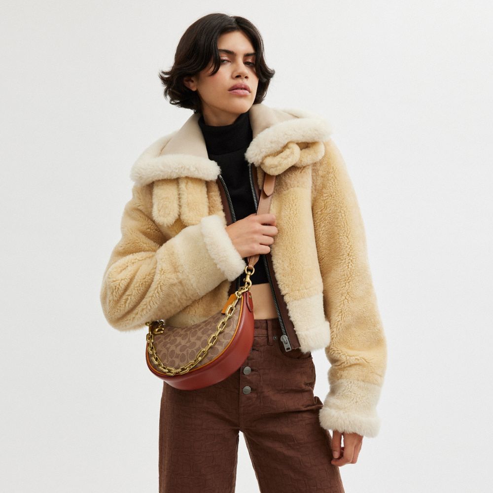 COACH®,Mira Shoulder Bag In Signature Canvas,Canvas,Leather,Hobo,Piping,Gold Metal,Day Party,Brown,Detail View