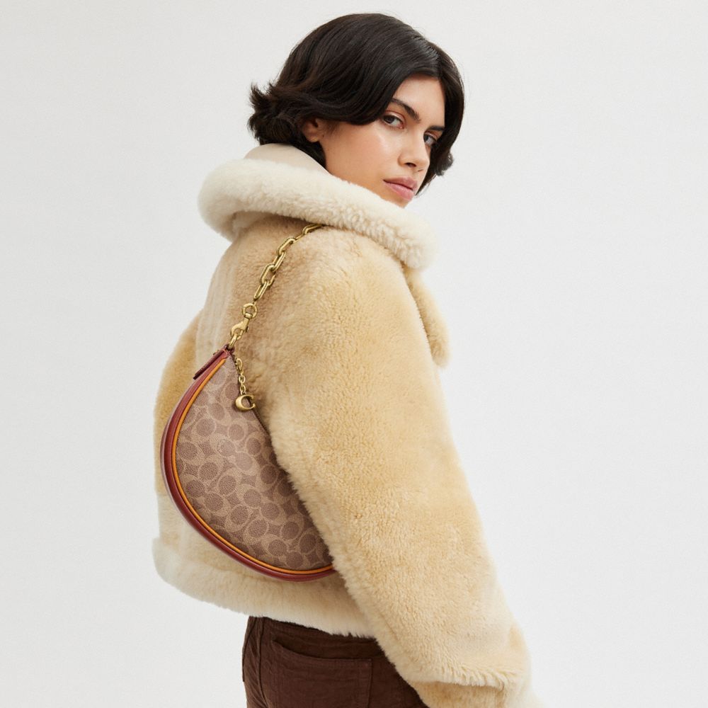 COACH®,Mira Shoulder Bag In Signature Canvas,Canvas,Leather,Hobo,Piping,Gold Metal,Day Party,Brown,Detail View