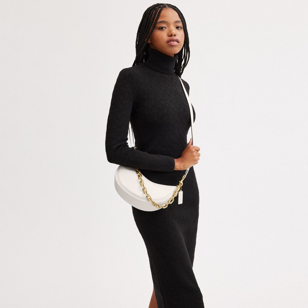 COACH®,Mira Shoulder Bag,Leather,Shoulder Bag,Metal,Engraved Detail,Logo,Gold Metal,Day Party,White,Detail View