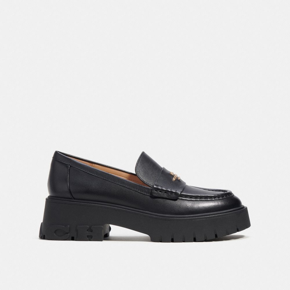 COACH®,Ruthie Loafer,Rubber,Lining Leather,Leather,Flats,Loafer,Shoe Straps,Side Vents,Casual,Black,Angle View