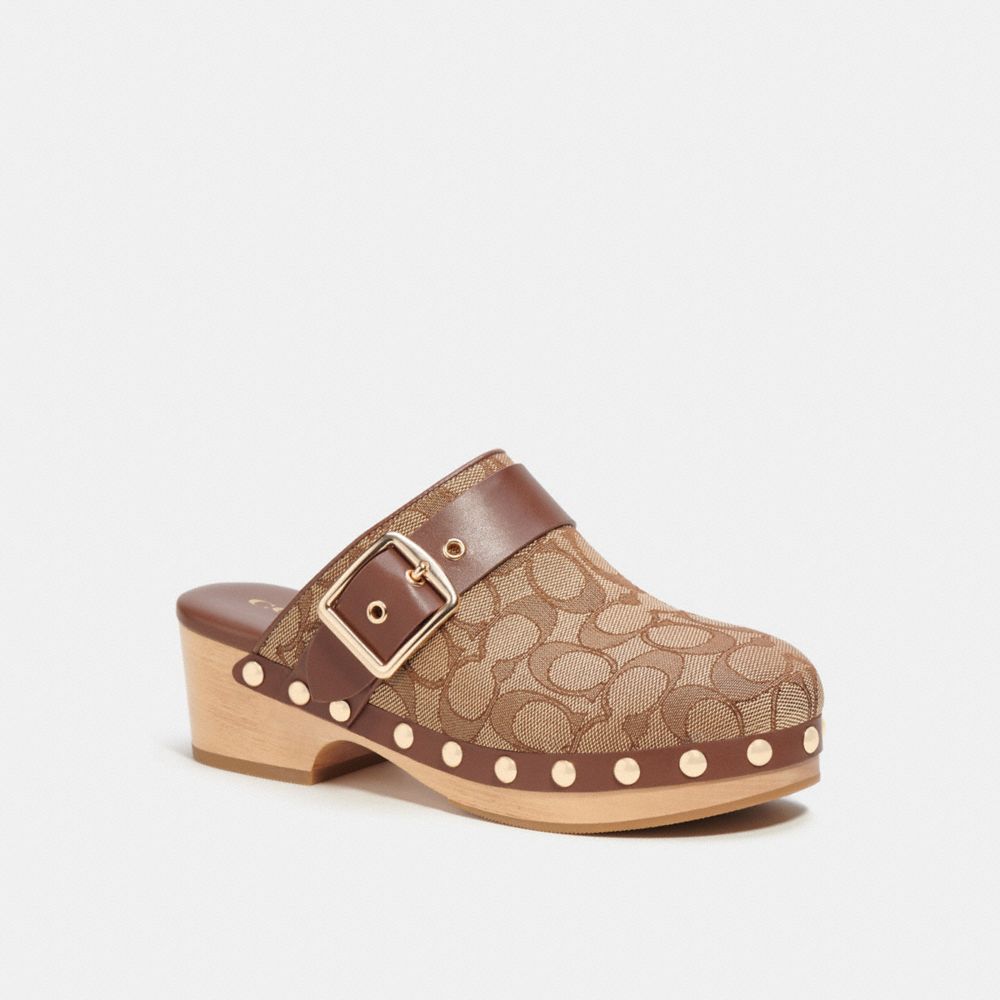 COACH®,FARYN CLOG IN SIGNATURE JACQUARD,Khaki/Saddle,Front View