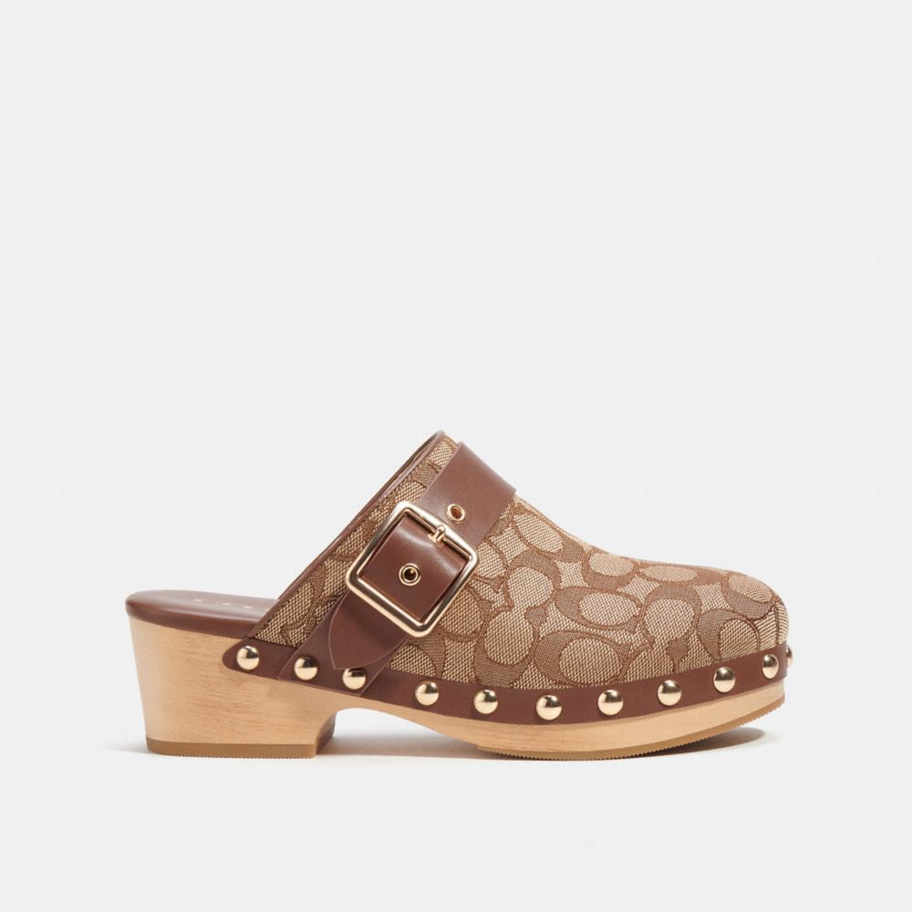 COACH®,FARYN CLOG IN SIGNATURE JACQUARD,Khaki/Saddle,Angle View