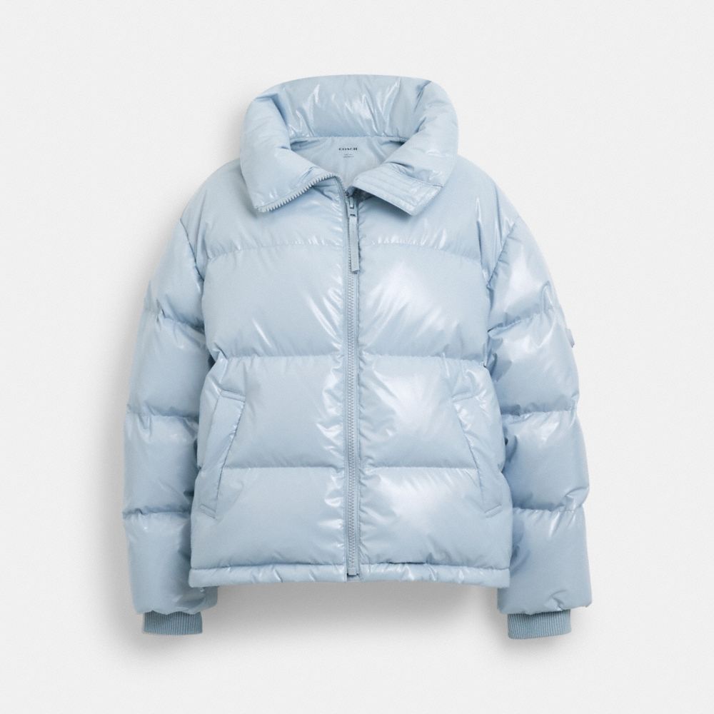 COACH®,GLOSSY SHORT PUFFER,Light Blue,Front View