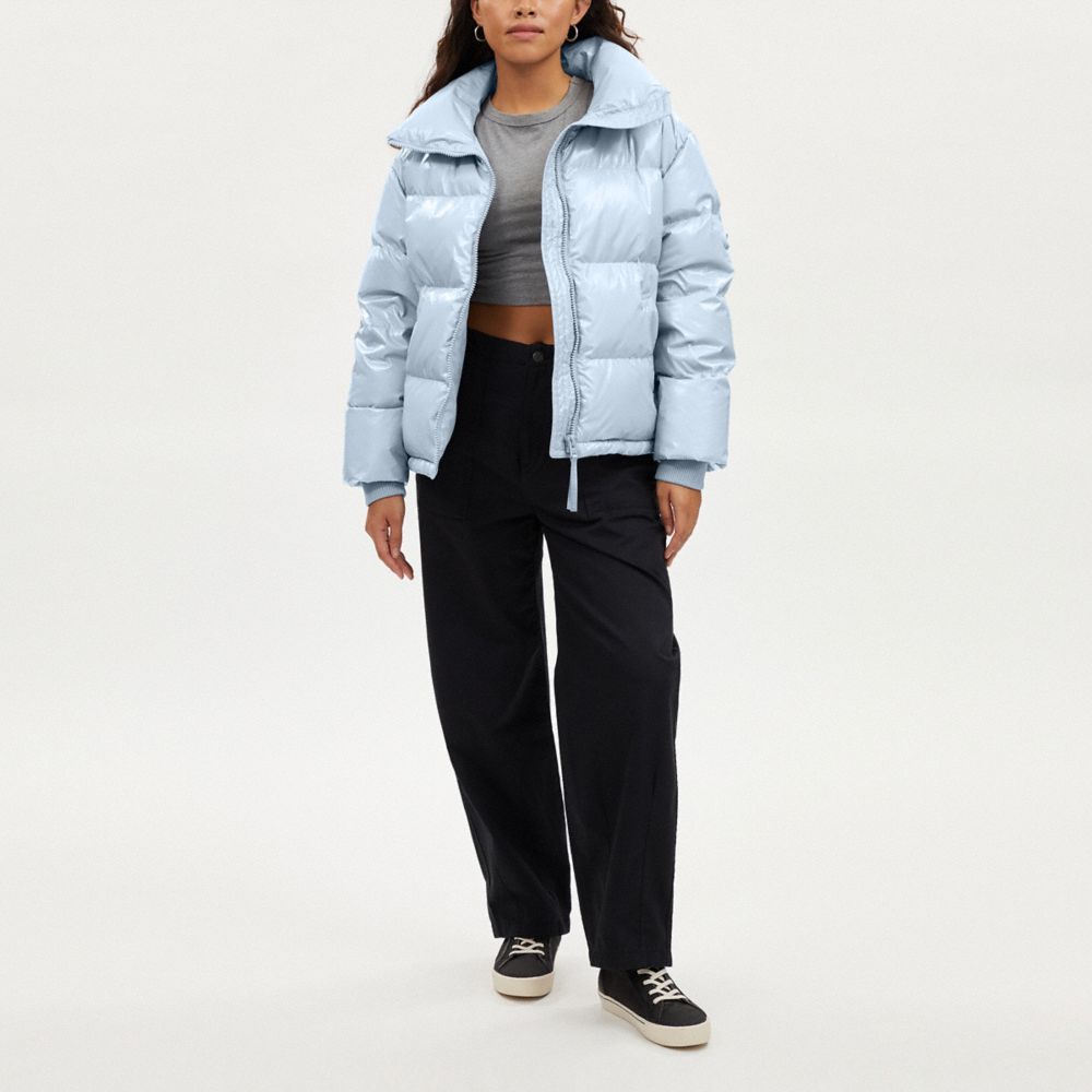 COACH®,GLOSSY SHORT PUFFER,Light Blue,Scale View