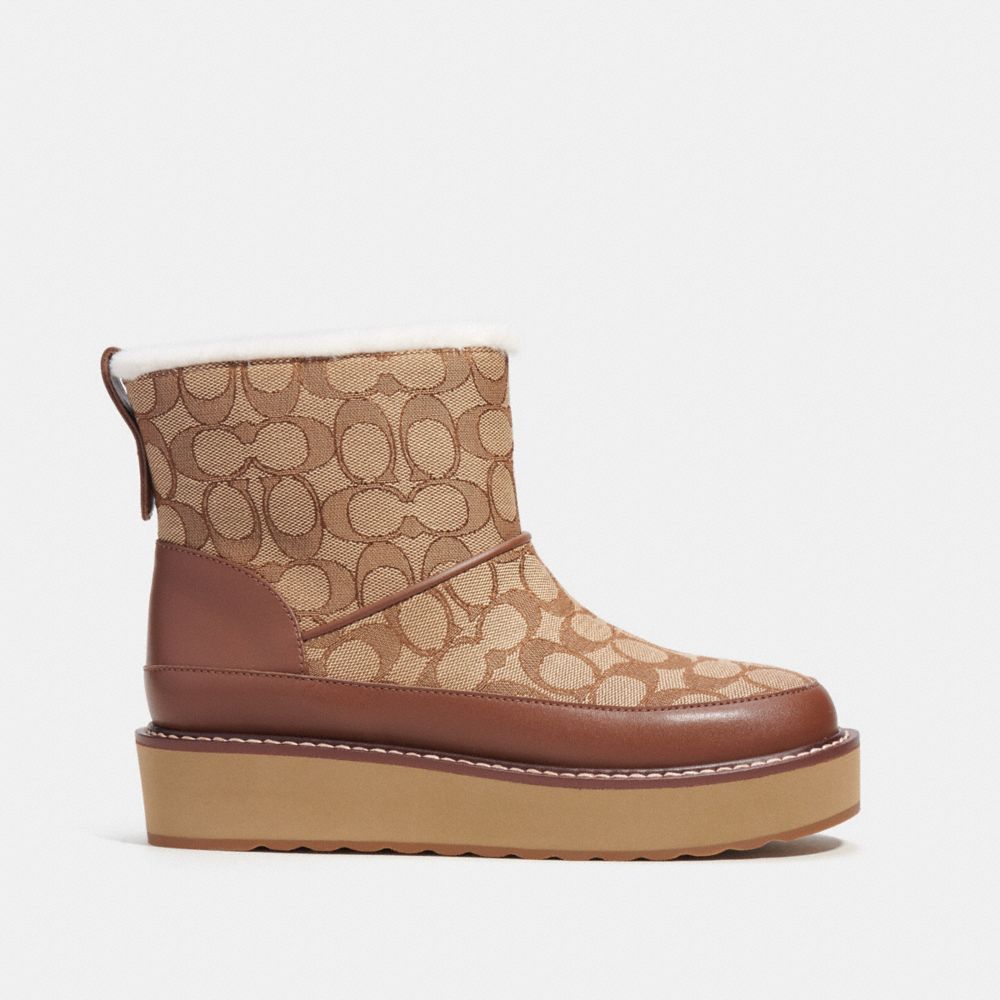 COACH®,INDI BOOTIE IN SIGNATURE JACQUARD,Jacquard,Khaki/Saddle,Angle View