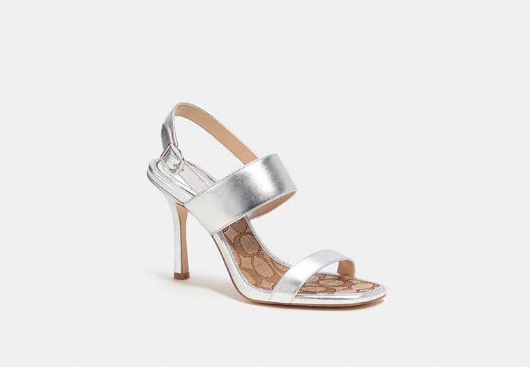 COACH®,RORI SANDAL IN SILVER METALLIC,Leather,Silver,Front View