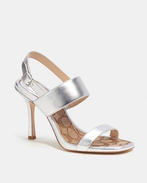 COACH®,RORI SANDAL IN SILVER METALLIC,Leather,Silver,Front View