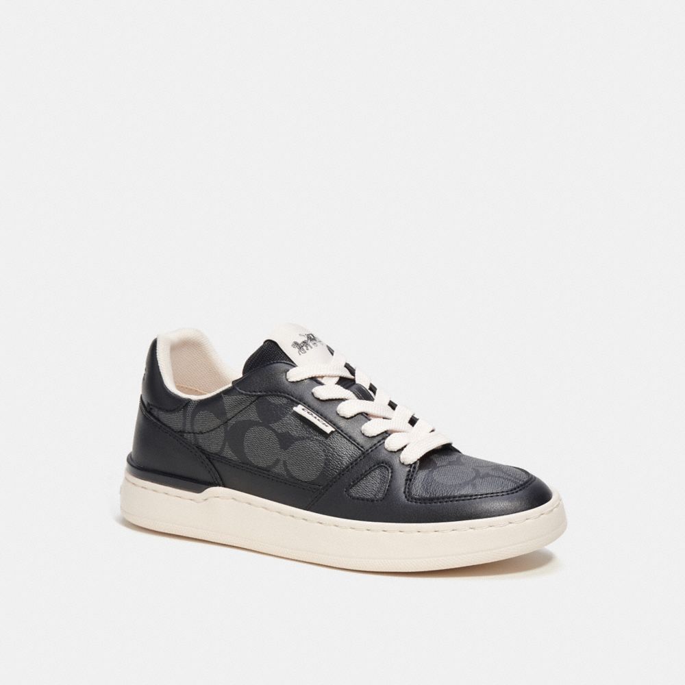 COACH®,CLIP COURT LOW TOP SNEAKER IN SIGNATURE CANVAS,Mixed Materials,Charcoal/Black,Front View