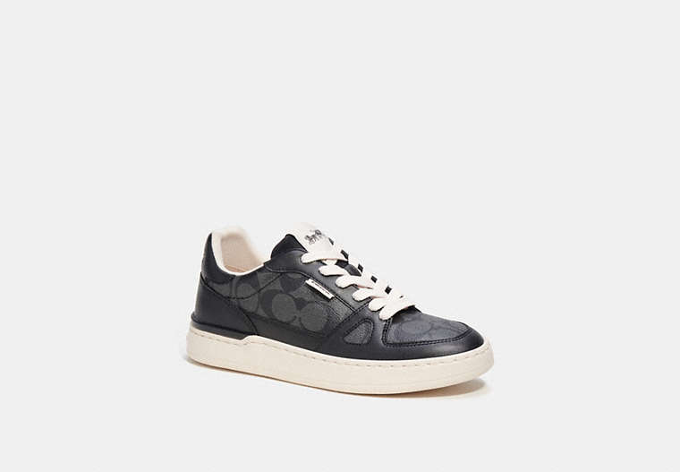 COACH®,CLIP COURT LOW TOP SNENAKER IN SIGNATURE CANVAS,Mixed Materials,Charcoal/Black,Front View