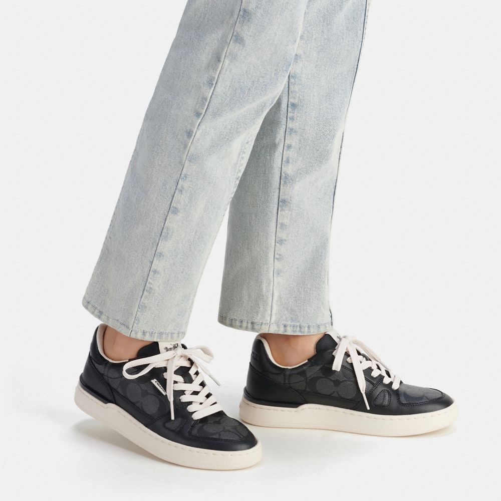 COACH®,Clip Court Low Top Sneaker In Signature Canvas,Rubber,Canvas,Leather,EVA,Casual,Color Block,Logo,Casual,Black,Detail View