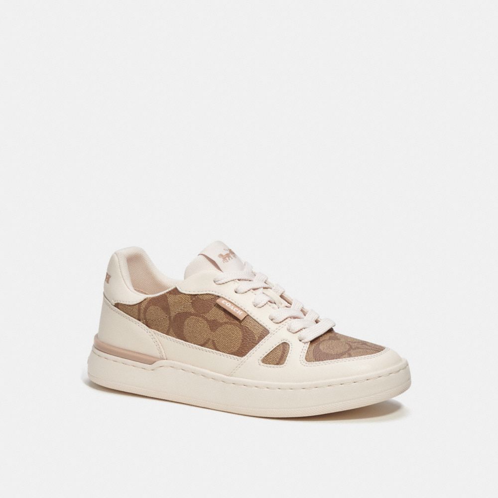 COACH®,CLIP COURT LOW TOP SNEAKER IN SIGNATURE CANVAS,Khaki/Chalk,Front View