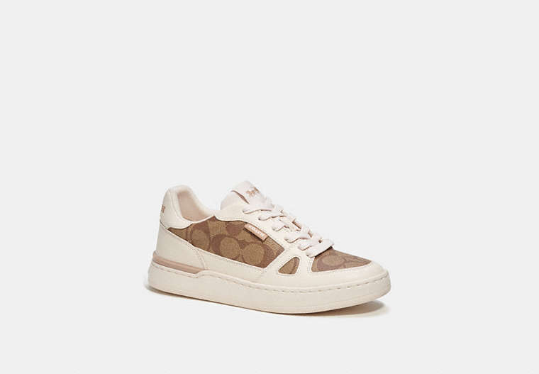COACH®,CLIP COURT LOW TOP SNENAKER IN SIGNATURE CANVAS,Mixed Materials,Khaki/Chalk,Front View