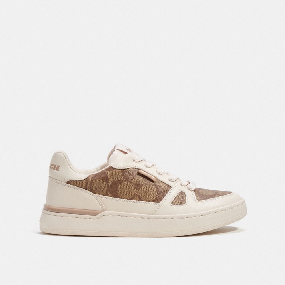 COACH®,CLIP COURT LOW TOP SNEAKER IN SIGNATURE CANVAS,Khaki/Chalk,Angle View